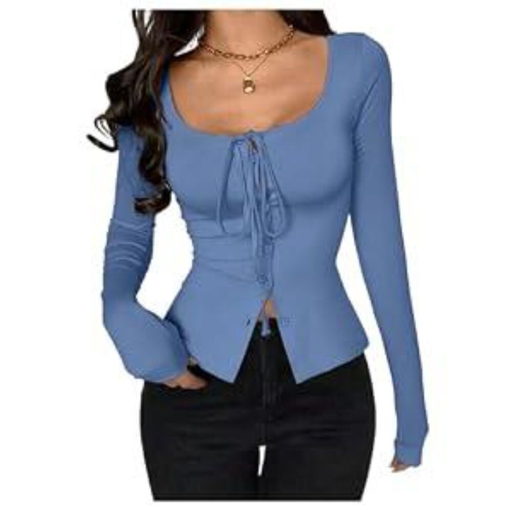 Blue Bow Tie Scoop Neck Top